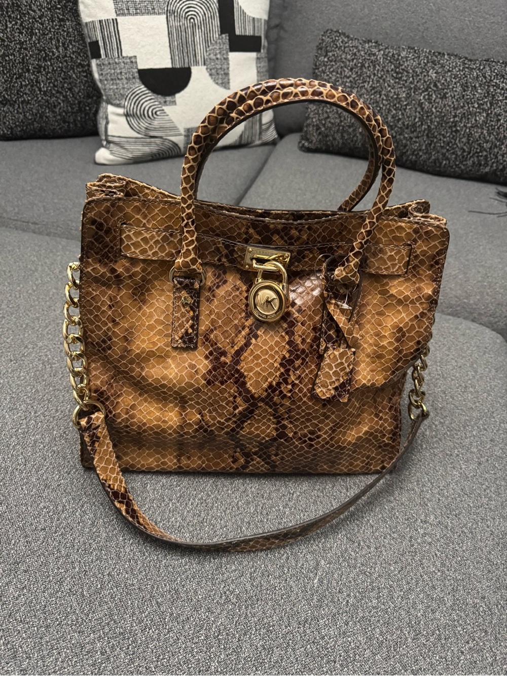 Michael Kors Cognac Snake-Embossed Leather Satchel with Gold Hardware